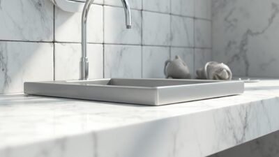 Lavabo blanco cuadrado en encimera de mármol con grifo de acero