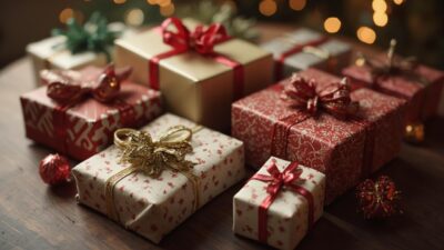 Regalos envueltos con adornos navideños y luces de fondo