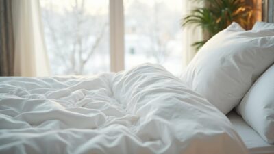 Imagen de una cama con sábanas blancas y arrugadas cerca de una ventana.