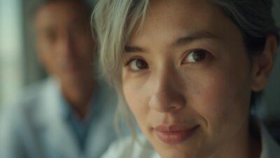 Retrato de una mujer asiática con ojos expresivos y mirada serena